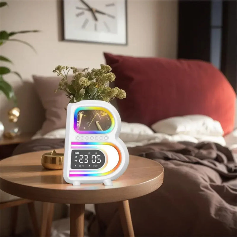 2024 New B-Shaped Blutooth Speaker Multifunctional Smart Music Rhythm Lighting Phone Wireless Charger TF Card AUX Input Standard Mode AMI Cart