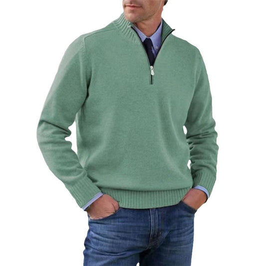 Men's Stand Collar Zipper Sweater Winter Fashion Solid Color Long Sleeve Knitted Top Clothing