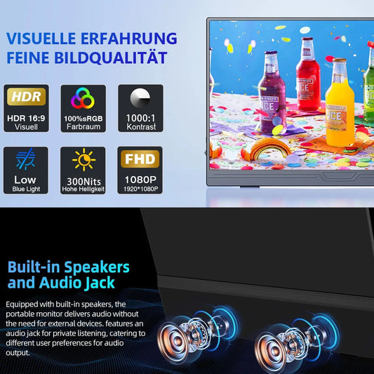 HOESD.a 15.6 inch Gaming Monitor Portable Screen 1080P 300cd/m2 Extended Display for Laptop Phone Switch Xbox PS4/5 PC Mini PC - Chic Cart