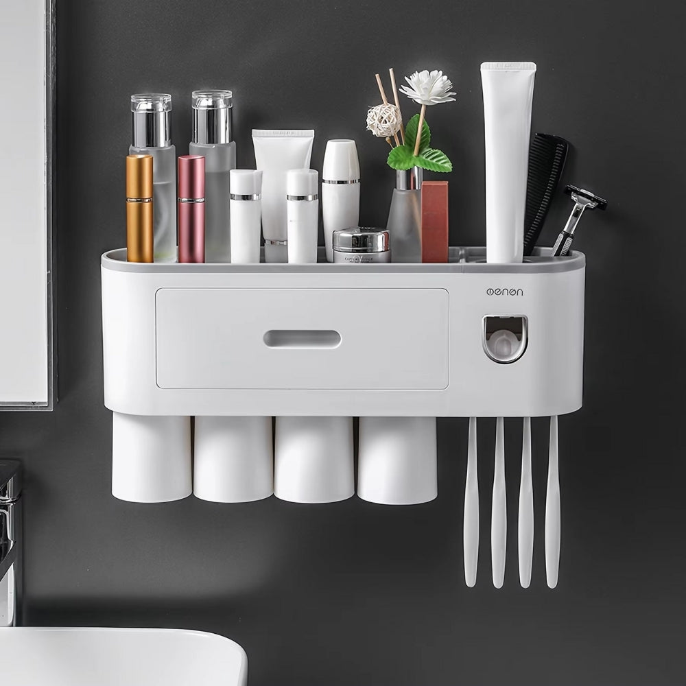 Wall Mounted No-Drill Toothbrush Holder with Toothpaste Squeezer & Storage Rack AMI Cart