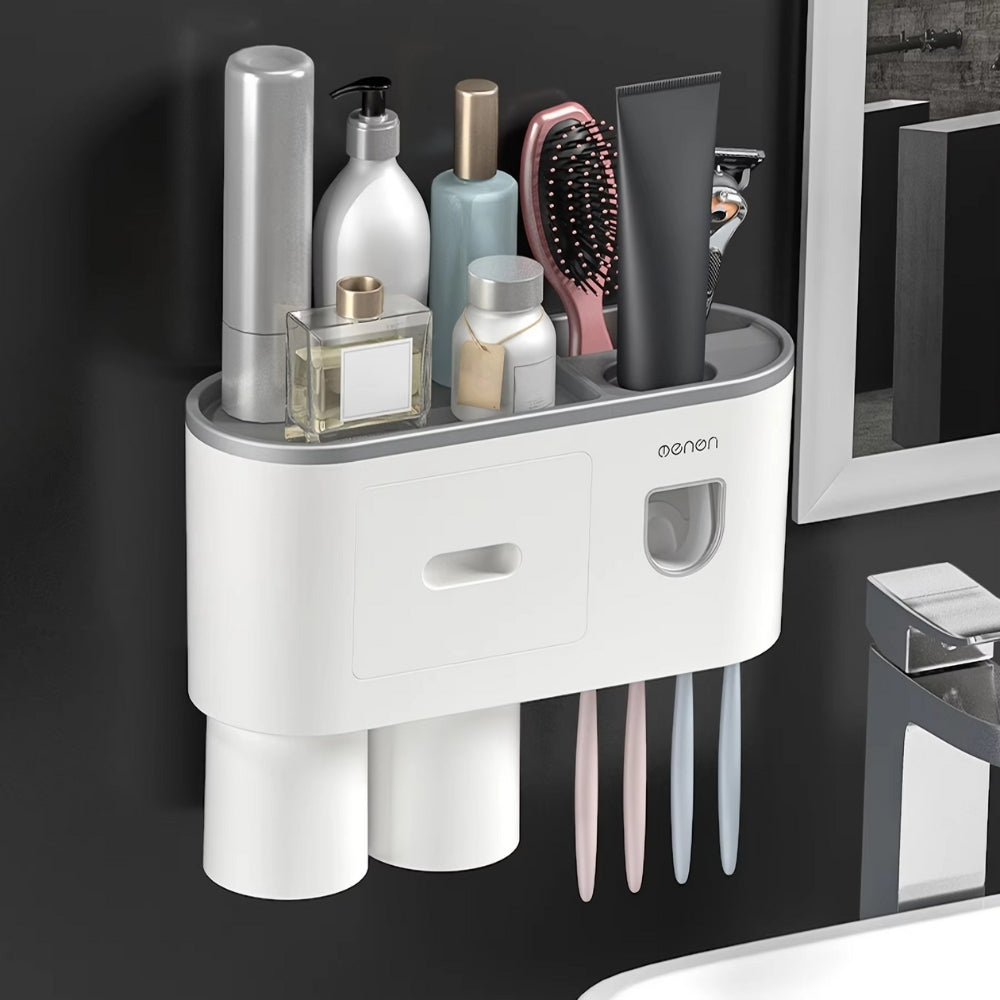 Wall Mounted No-Drill Toothbrush Holder with Toothpaste Squeezer & Storage Rack AMI Cart