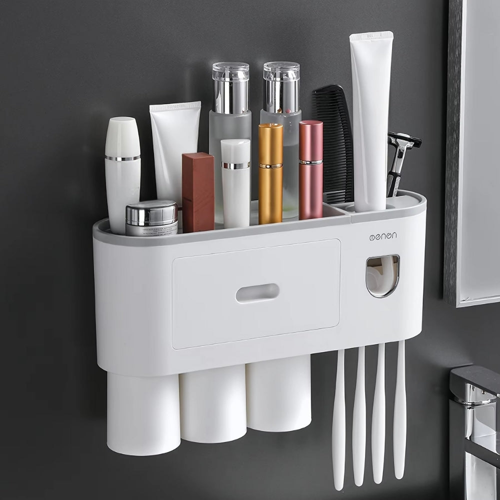 Wall Mounted No-Drill Toothbrush Holder with Toothpaste Squeezer & Storage Rack AMI Cart