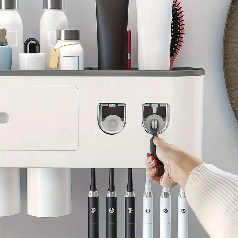 Wall Mounted No-Drill Toothbrush Holder with Toothpaste Squeezer & Storage Rack AMI Cart