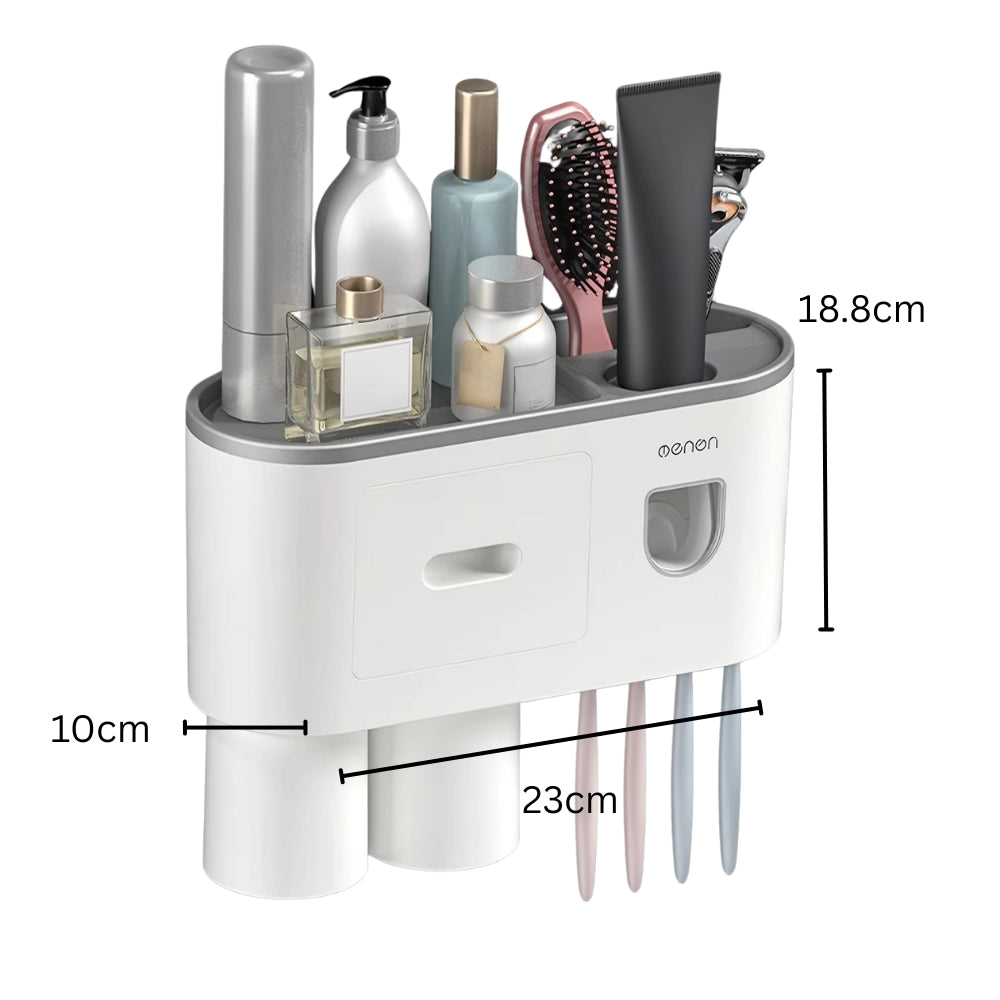 Wall Mounted No-Drill Toothbrush Holder with Toothpaste Squeezer & Storage Rack AMI Cart