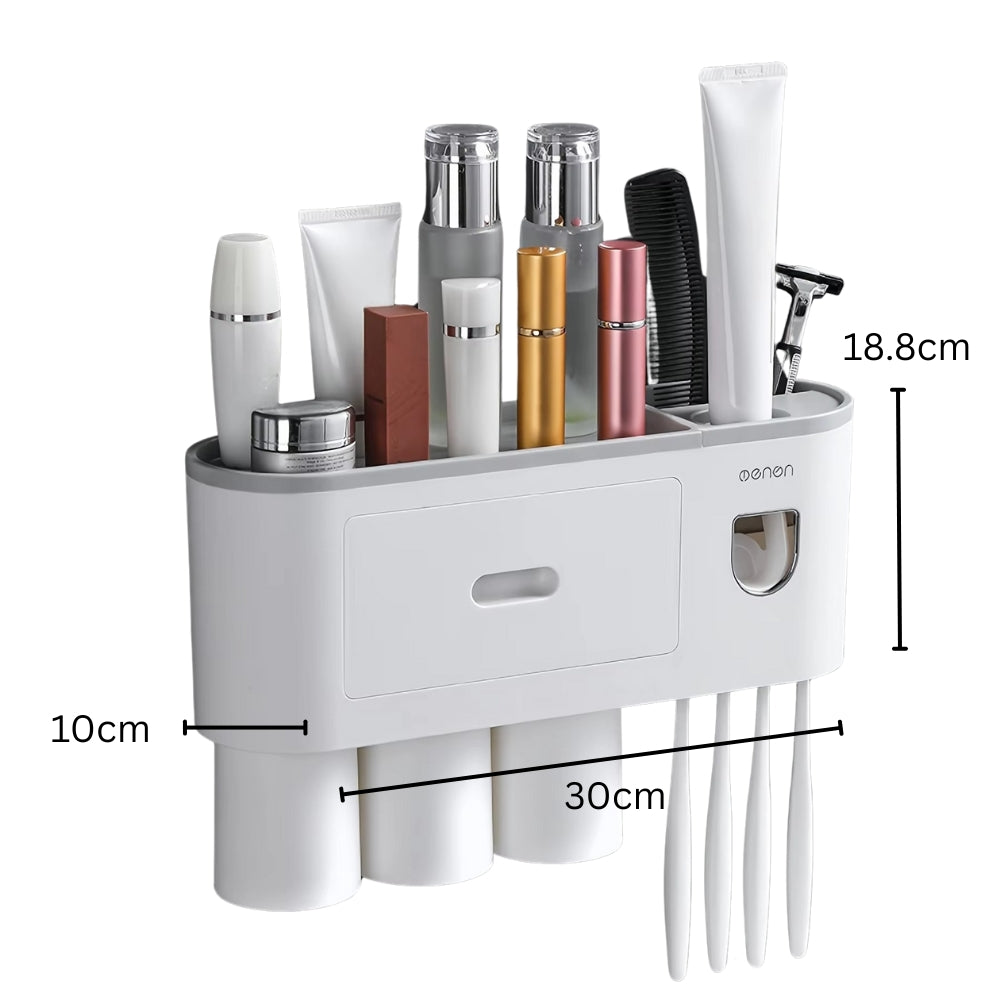 Wall Mounted No-Drill Toothbrush Holder with Toothpaste Squeezer & Storage Rack AMI Cart