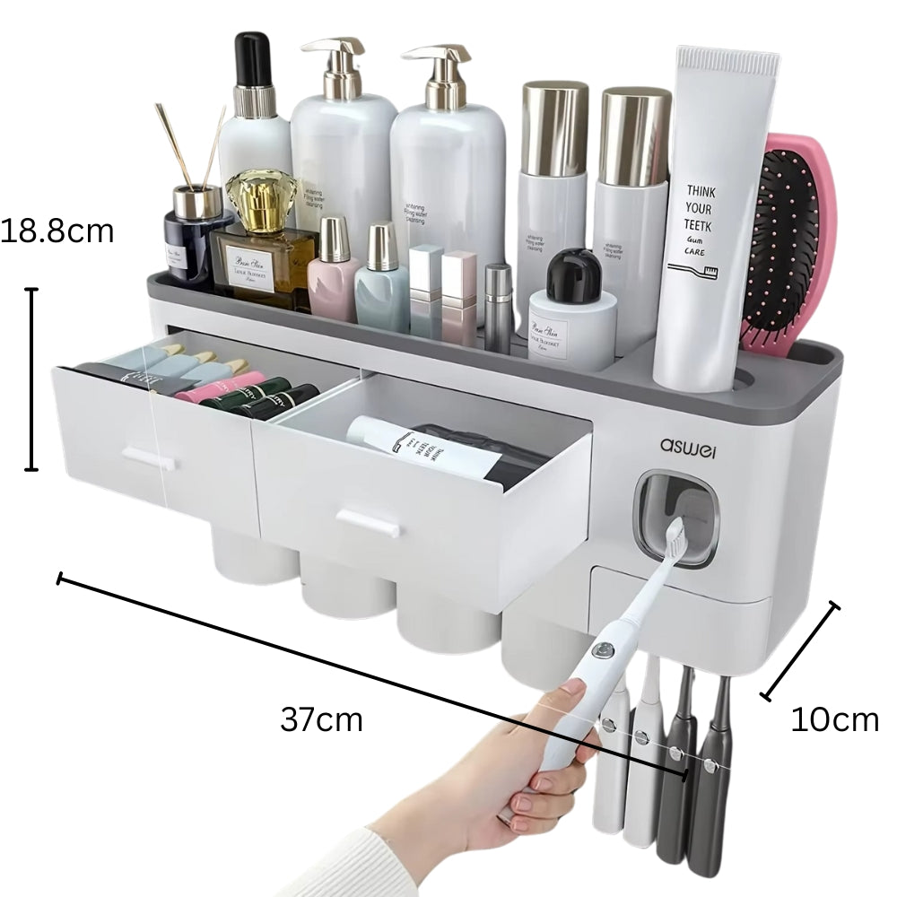 Wall Mounted No-Drill Toothbrush Holder with Toothpaste Squeezer & Storage Rack AMI Cart