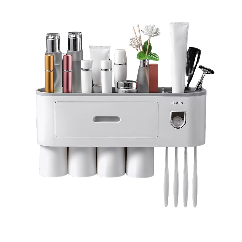 Wall Mounted No-Drill Toothbrush Holder with Toothpaste Squeezer & Storage Rack AMI Cart