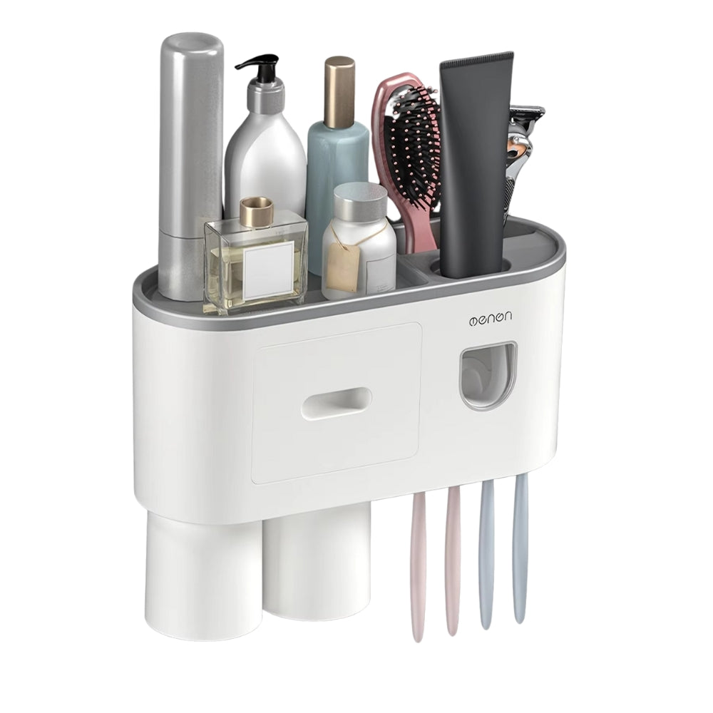 Wall Mounted No-Drill Toothbrush Holder with Toothpaste Squeezer & Storage Rack AMI Cart