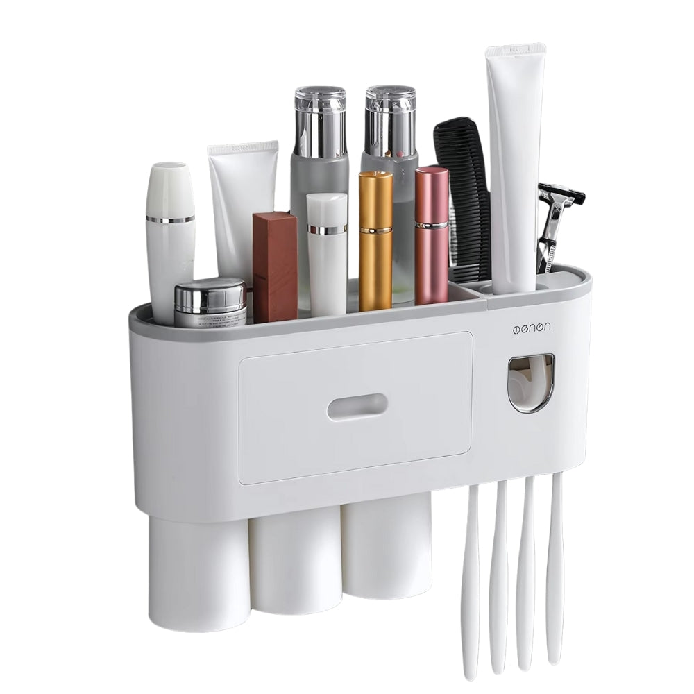 Wall Mounted No-Drill Toothbrush Holder with Toothpaste Squeezer & Storage Rack AMI Cart