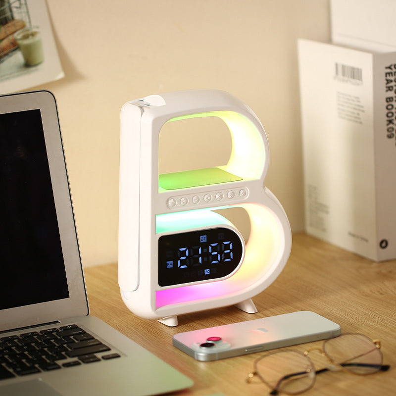 2024 New B-Shaped Blutooth Speaker Multifunctional Smart Music Rhythm Lighting Phone Wireless Charger TF Card AUX Input Standard Mode AMI Cart