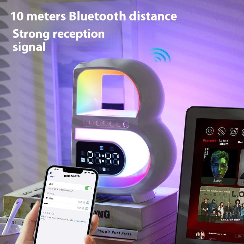 2024 New B-Shaped Blutooth Speaker Multifunctional Smart Music Rhythm Lighting Phone Wireless Charger TF Card AUX Input Standard Mode AMI Cart