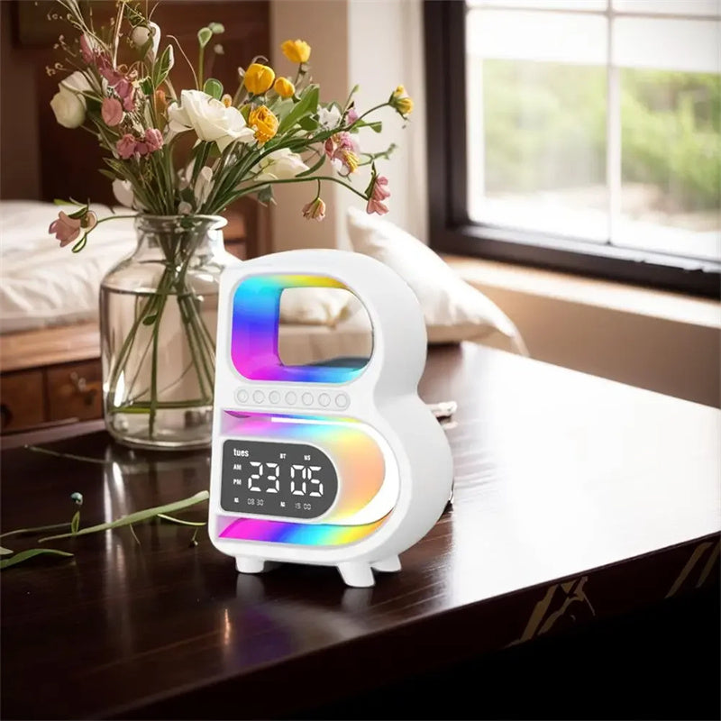 2024 New B-Shaped Blutooth Speaker Multifunctional Smart Music Rhythm Lighting Phone Wireless Charger TF Card AUX Input Standard Mode AMI Cart