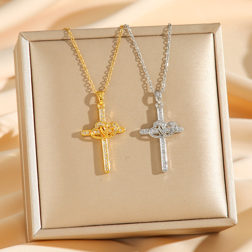 Cross Double Ring Love Heart Necklace Surrounded Zircon Pendant Necklace For Women Bohemian Jesus Pendant Gold Color Valentines Day Gift AMI Cart