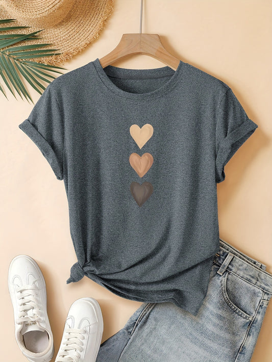 Three Heart Printing Summer Casual Sports Style Round Neck Women's Short Sleeve T-shirt