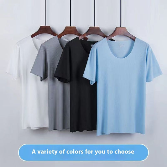 Advanced Ice Silk Round Neck Solid Color Short Sleeve Shorts Suit