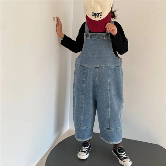 2024 Autumn New Children Loose Overalls boys girls casual all - match denim Trousers Spring Fall Solid Outwear 1 - 7Y Kids bib pants - Chic Cart