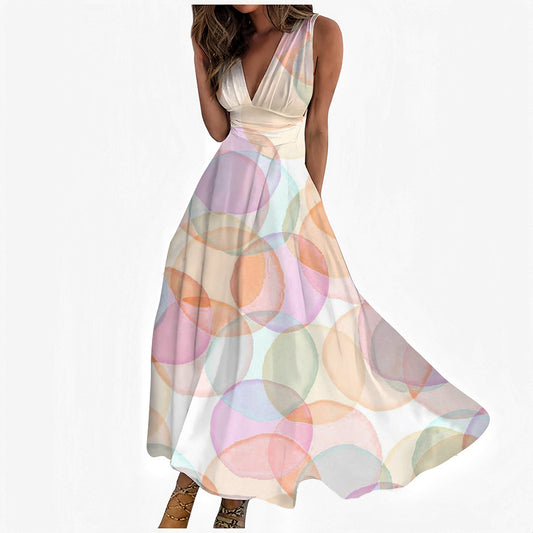 Digital Printing Women V-neck Sleeveless Maxi Dress