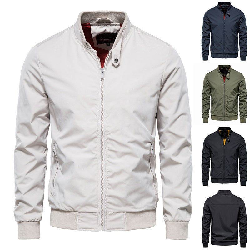 Men's Zip-up Jacket With Pockets Casual Solid Stand Collar Long Sleeve Top Outwear Clothing