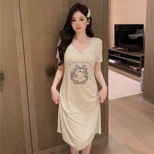 Modal Sunken Stripe Cotton Cartoon Loose Dress