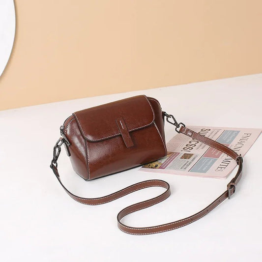 Oil Wax Cowhide Leather Cross Body Small Bag for Women Fashionable and Versatile Shoulder Shell Hand Bag Ladies Casual Phone Bag - Chic Cart