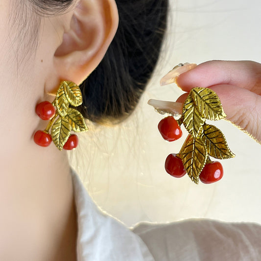 Red Cherry Unique Leaf Earrings