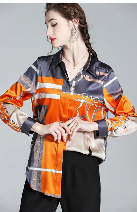 S - 4XL Luxury Brand Design Women Shirts Spring Fall Long Sleeve Orange Print Female Shirt Elegant Fashion Lady Tops Satin Blouses - Chic Cart