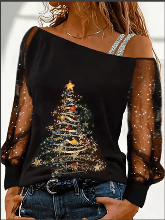 Silver Shoulder Strap Transparent Sleeves Sequins Blouse Women's Sexy T-shirt Christmas Tree Printed Long Sleeved Top - Chic Cart