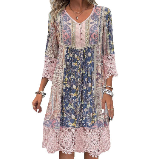 Spring And Summer Retro Printed Lace Women's Clothing Dress