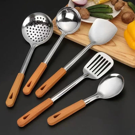 Stainless Steel Cookware Non - stick Pastry Spatula Wooden Handle Soup Ladle Rice Spoon Hot Pot Colander Kitchen Cooking Utensils - Chic Cart