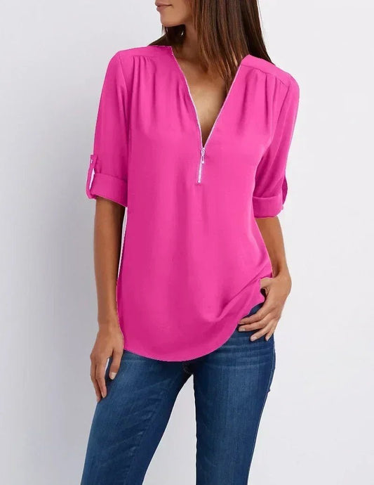 Summer Women Cool Loose Shirt Deep V Neck Chiffon Blouse Casual Ladies Tops Sexy Zipper Pullover Plus Size Long Sleeve Fashion - Chic Cart