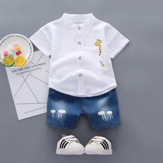 New Summer Hot Sale Toddler Kids Baby Boys Shirt Cartoon Tops Denim Shorts Pants Outfits Set Baby Clothes - Chic Cart