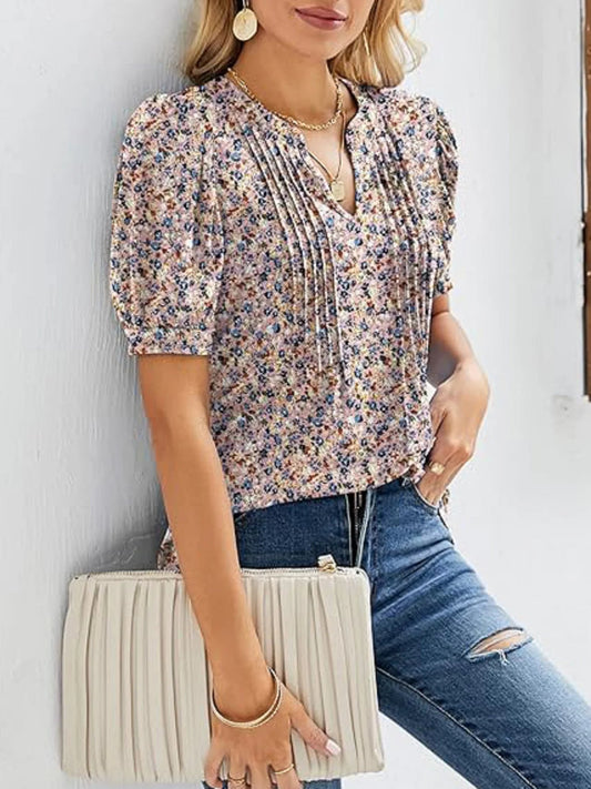 Womens Tunic Tops V Neck Shirts Short Sleeve Summer Puff Pleated Casual Blouses Puff Pleated Work Blouse Fashion Tops - Chic Cart