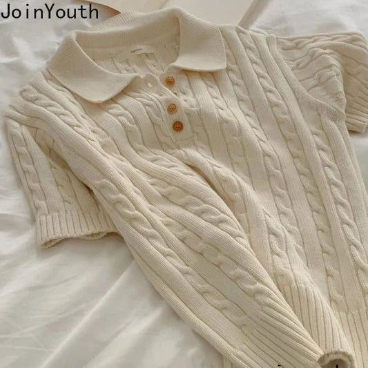 Knitted Woman Tshirts 2024 Ropa Mujer Turndown Collar Short Sleeve White Tees Fashion Ribbed Casual T Shirt Tunic Korean Tops - Chic Cart