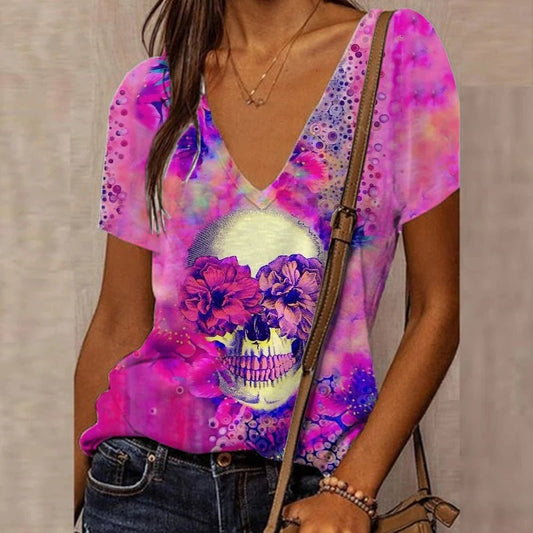 Women's 3D Floral Skull Print T-Shirt V Neck Short Sleeve Cool Street T-Shirt Oversized Clothes Casual Tops Summer 2024 - Chic Cart