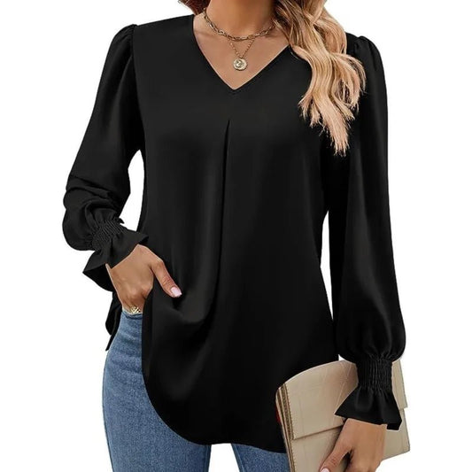 Women's New Solid Color Chiffon Shirt V - neck Pullover Flared Long Sleeved Top Shirt Office Lady Elegant Khaki Loose Blouses - Chic Cart