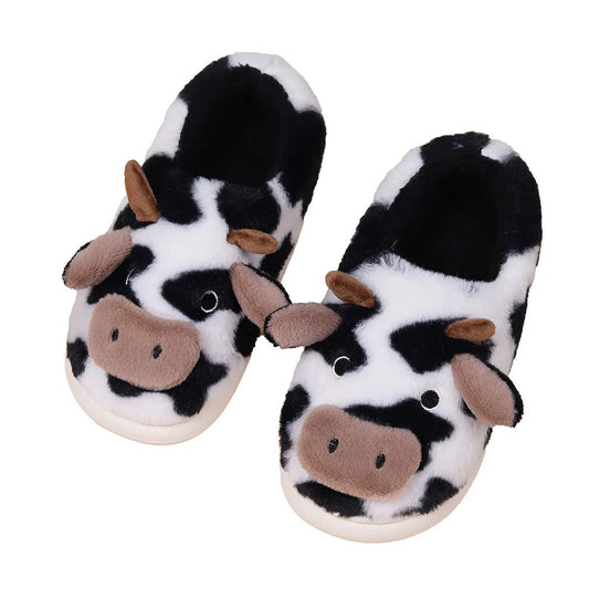 Women's Slippers Home Plush Cartoon Cow Designer Shoes Girls Cute Winter Fluffy Slippers Flats Warm Casual Fur Slides Large Size - Chic Cart