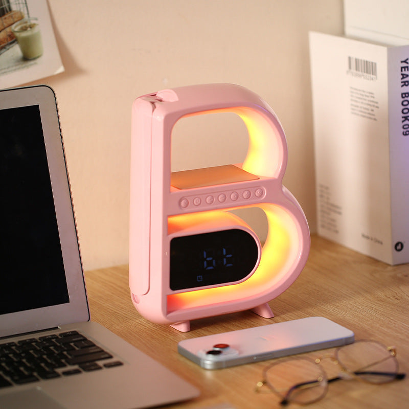 2024 New B-Shaped Blutooth Speaker Multifunctional Smart Music Rhythm Lighting Phone Wireless Charger TF Card AUX Input Standard Mode AMI Cart
