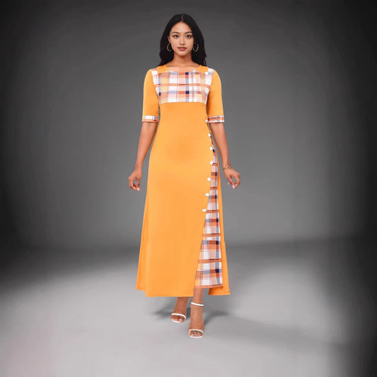 Round Neck Contrast Medium Sleeve Long Dress