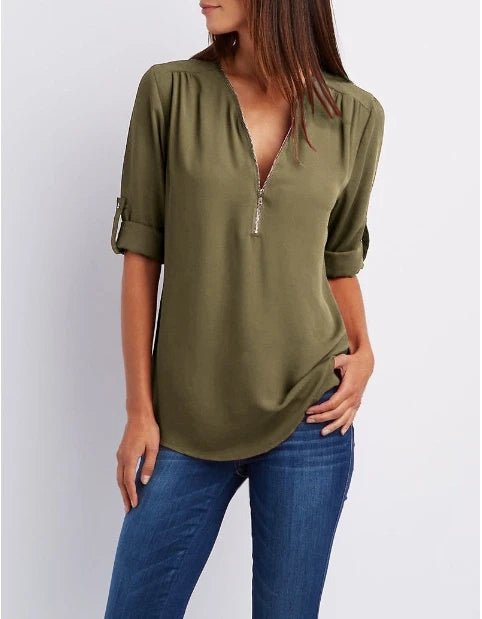 Summer Women Cool Loose Shirt Deep V Neck Chiffon Blouse Casual Ladies Tops Sexy Zipper Pullover Plus Size Long Sleeve Fashion - Chic Cart AMI Cart
