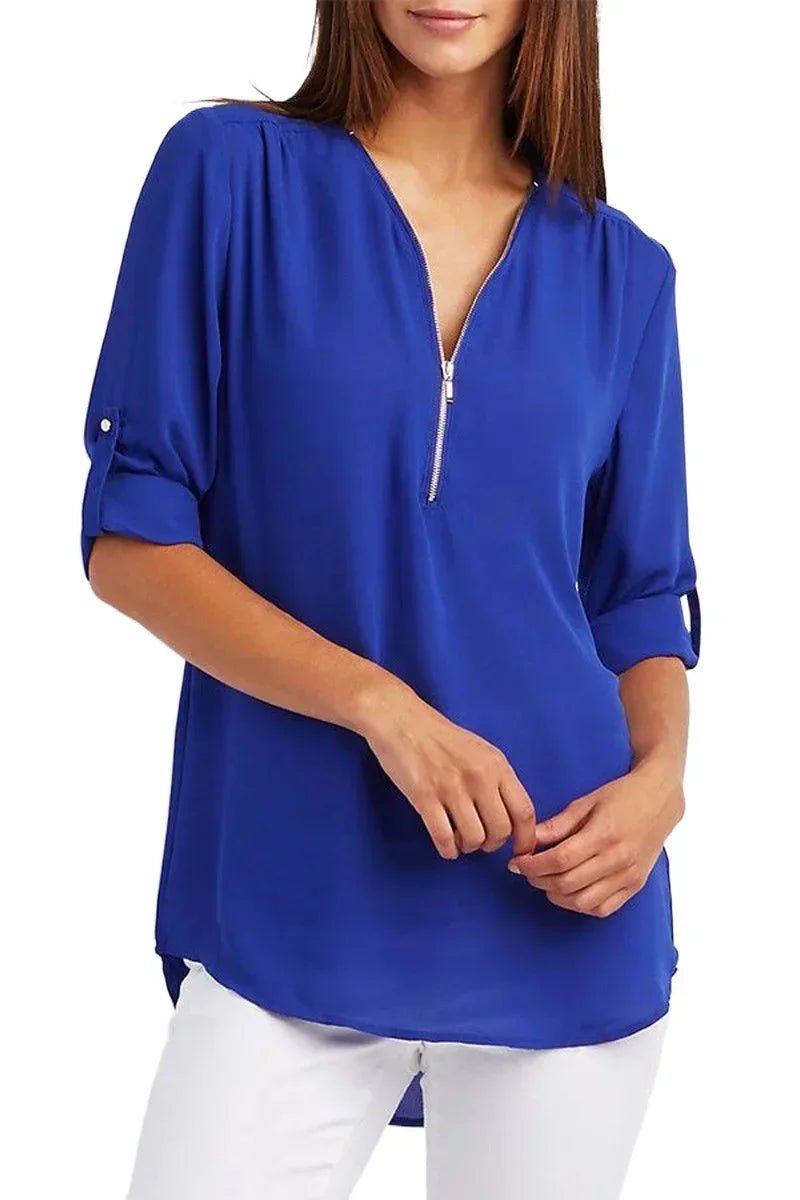 Summer Women Cool Loose Shirt Deep V Neck Chiffon Blouse Casual Ladies Tops Sexy Zipper Pullover Plus Size Long Sleeve Fashion - Chic Cart AMI Cart