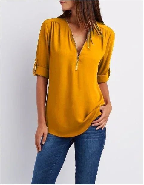 Summer Women Cool Loose Shirt Deep V Neck Chiffon Blouse Casual Ladies Tops Sexy Zipper Pullover Plus Size Long Sleeve Fashion - Chic Cart AMI Cart