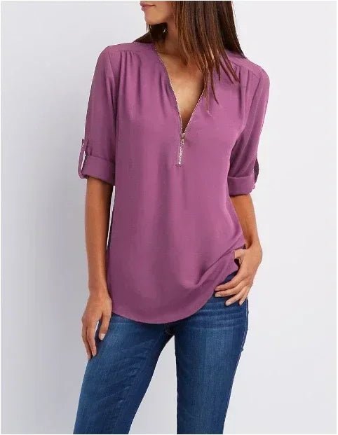 Summer Women Cool Loose Shirt Deep V Neck Chiffon Blouse Casual Ladies Tops Sexy Zipper Pullover Plus Size Long Sleeve Fashion - Chic Cart AMI Cart