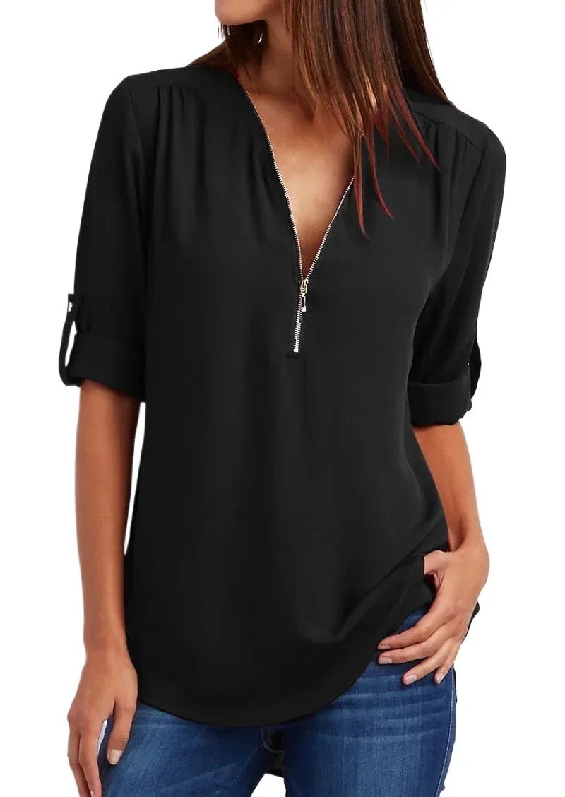 Summer Women Cool Loose Shirt Deep V Neck Chiffon Blouse Casual Ladies Tops Sexy Zipper Pullover Plus Size Long Sleeve Fashion - Chic Cart AMI Cart