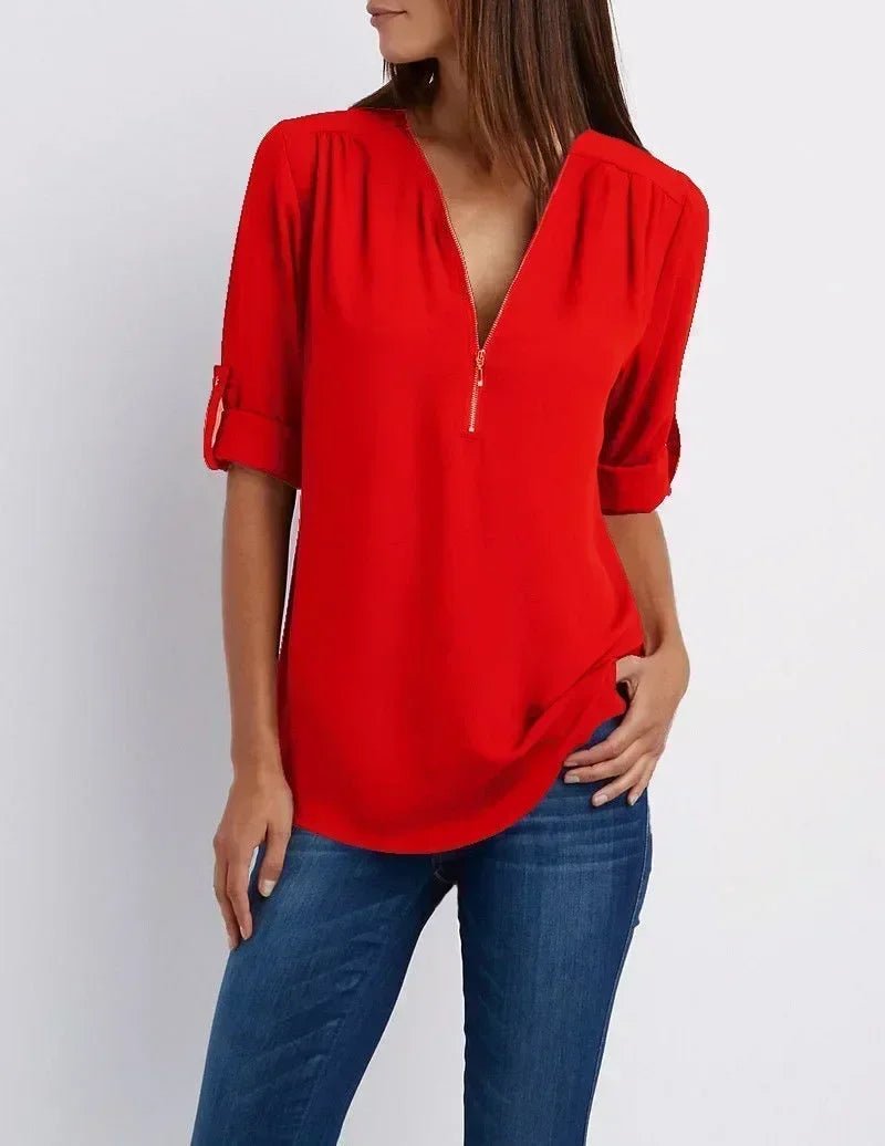 Summer Women Cool Loose Shirt Deep V Neck Chiffon Blouse Casual Ladies Tops Sexy Zipper Pullover Plus Size Long Sleeve Fashion - Chic Cart AMI Cart