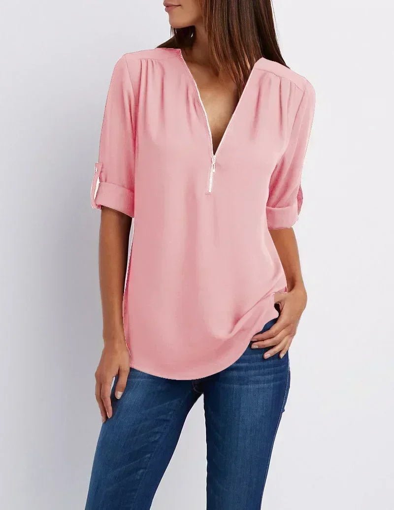 Summer Women Cool Loose Shirt Deep V Neck Chiffon Blouse Casual Ladies Tops Sexy Zipper Pullover Plus Size Long Sleeve Fashion - Chic Cart AMI Cart