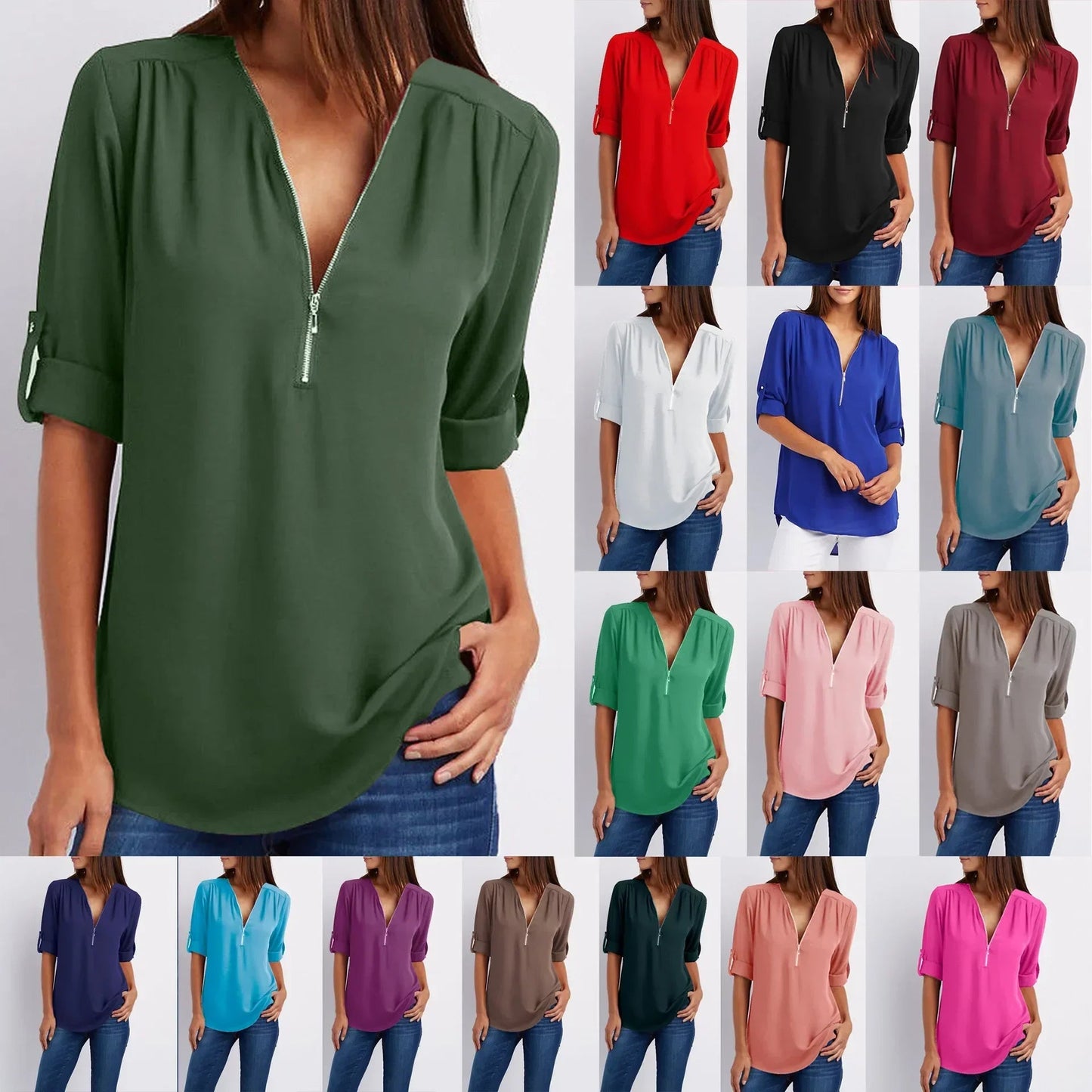Summer Women Cool Loose Shirt Deep V Neck Chiffon Blouse Casual Ladies Tops Sexy Zipper Pullover Plus Size Long Sleeve Fashion - Chic Cart AMI Cart