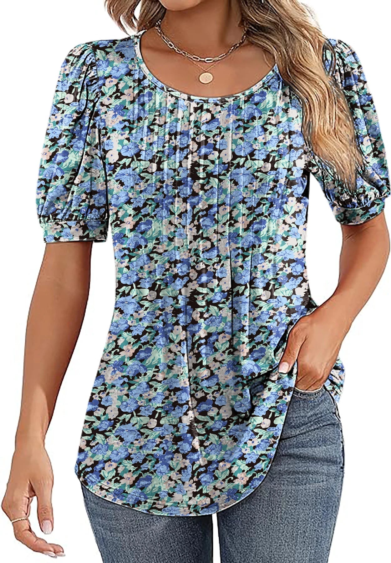 Womens Tunic Tops V Neck Shirts Short Sleeve Summer Puff Pleated Casual Blouses Puff Pleated Work Blouse Fashion Tops - Chic Cart AMI Cart