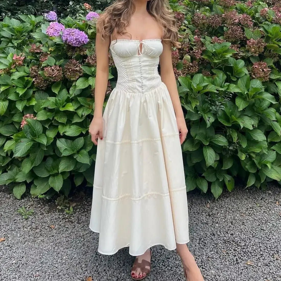 Women's French Suspender Long Dress Button Lace - up Temperament Slim Dress Summer Seaside Vacation Beach Dresses - Chic Cart
