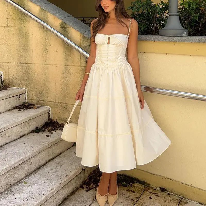 Women's French Suspender Long Dress Button Lace - up Temperament Slim Dress Summer Seaside Vacation Beach Dresses - Chic Cart