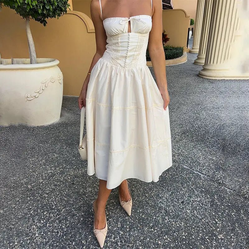 Women's French Suspender Long Dress Button Lace - up Temperament Slim Dress Summer Seaside Vacation Beach Dresses - Chic Cart